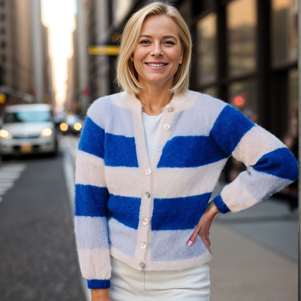 Sandras striped cozy jacket (Blue) knitting pattern