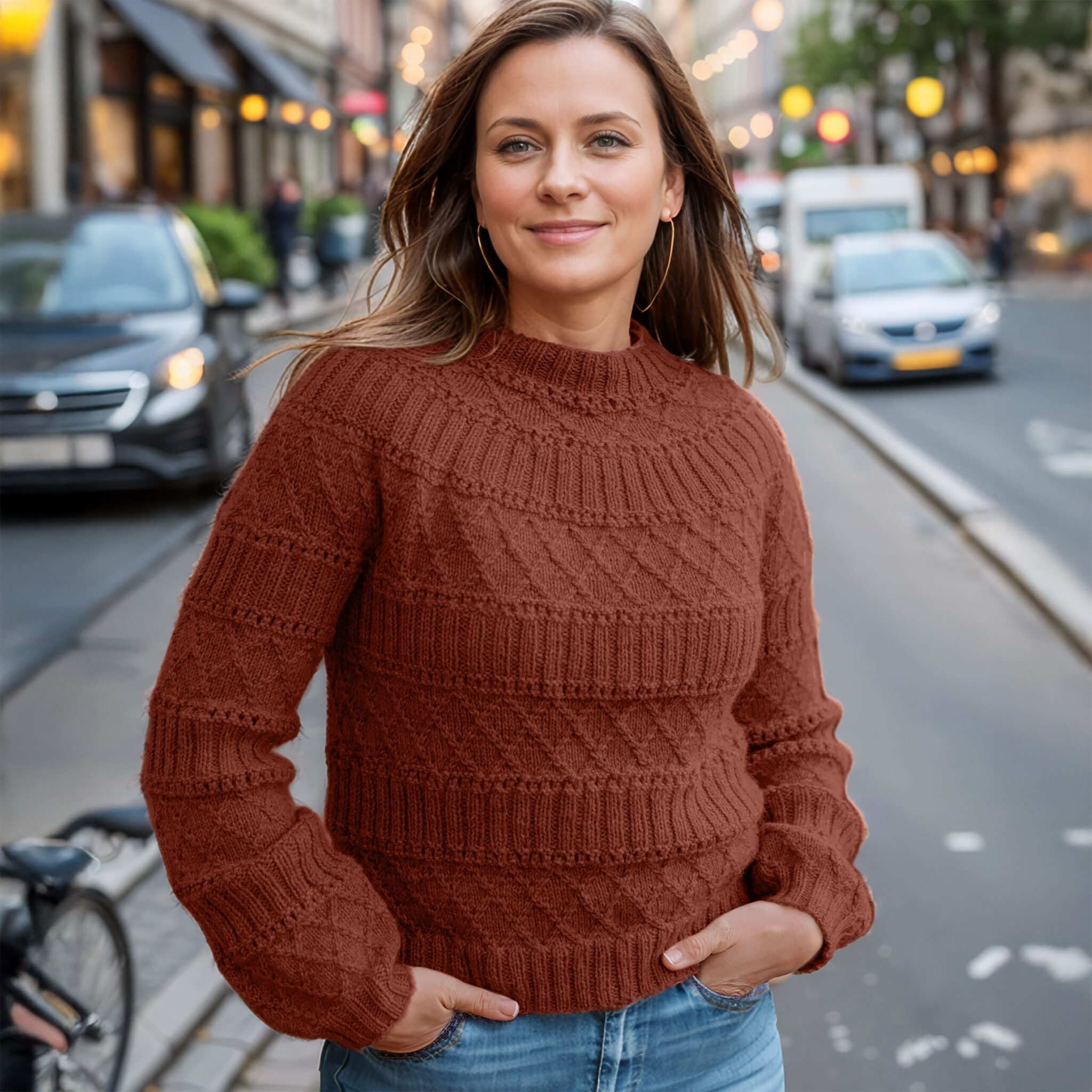Structured joy sweater in brown rust knitting pattern