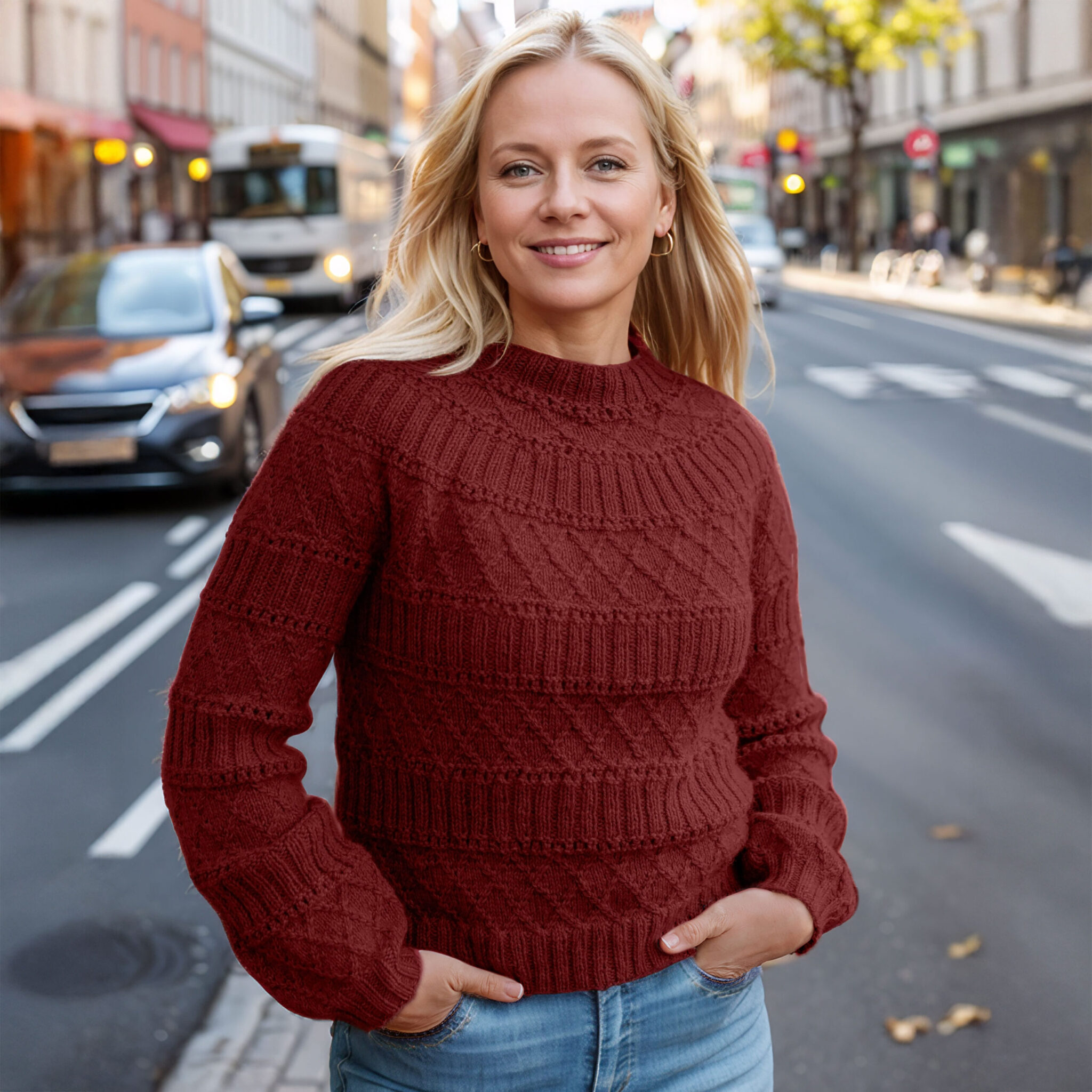 Structured joy sweater in burgundy knitting pattern