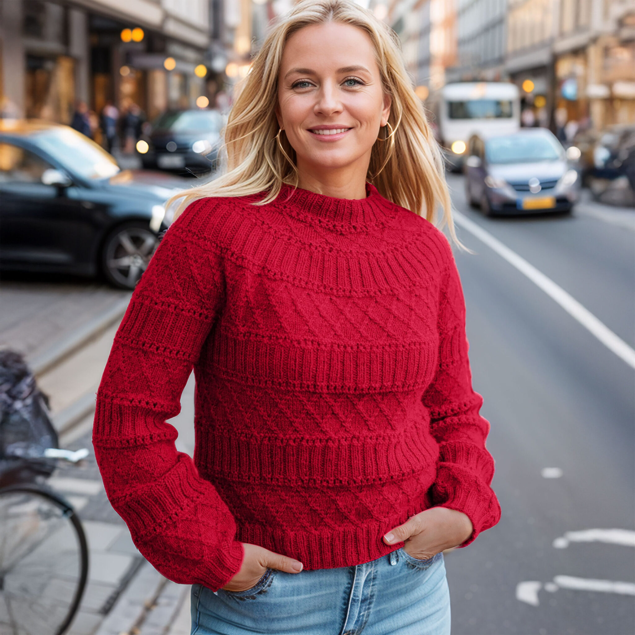 Structured joy sweater in christmas red knitting pattern