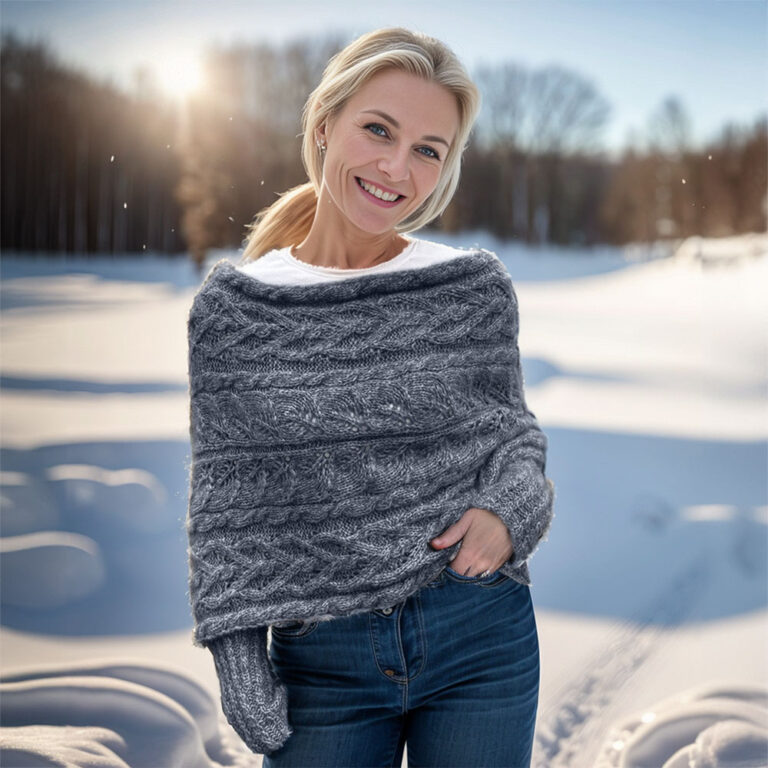 Leafy sweater-shawl in dark blue
